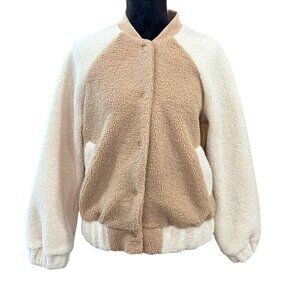 New In Women's Sherpa Bomber Jacket Beige & White S